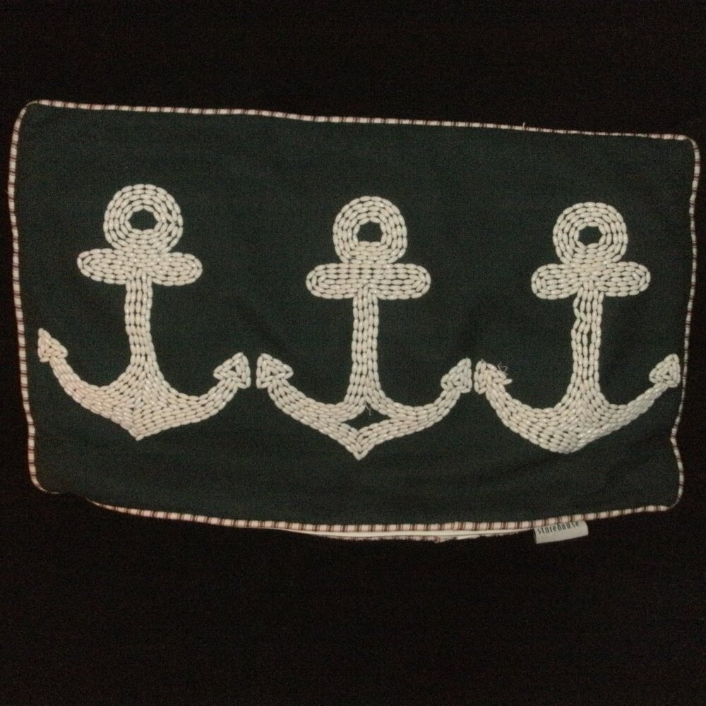 Nautical Pillow Cover Sham Navy & White Beaded Anchors 11x19" Red Stripe Backing